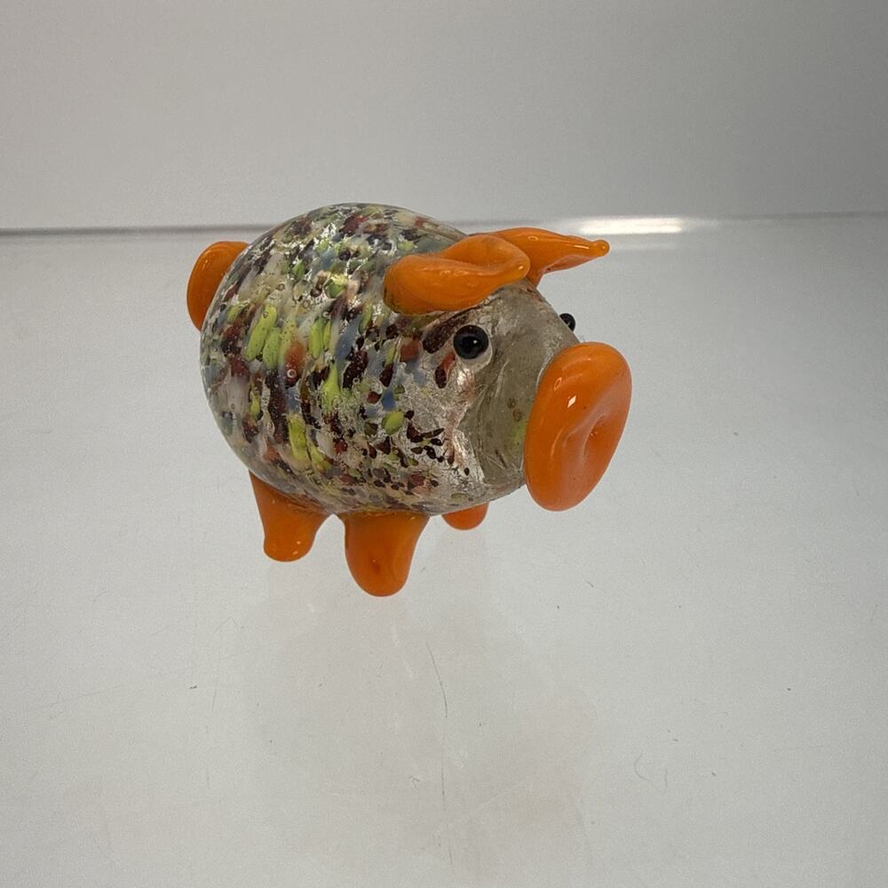 1” Vtg Handblown Infused Art Glass Mini Silver Speckled Fat Pig Piggy Figurine